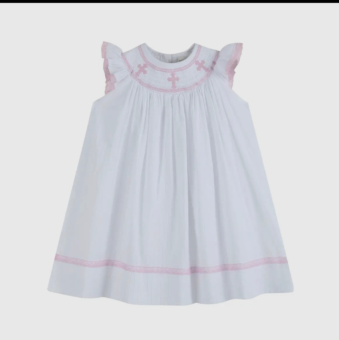 White and Pink Cross Smocked Dress